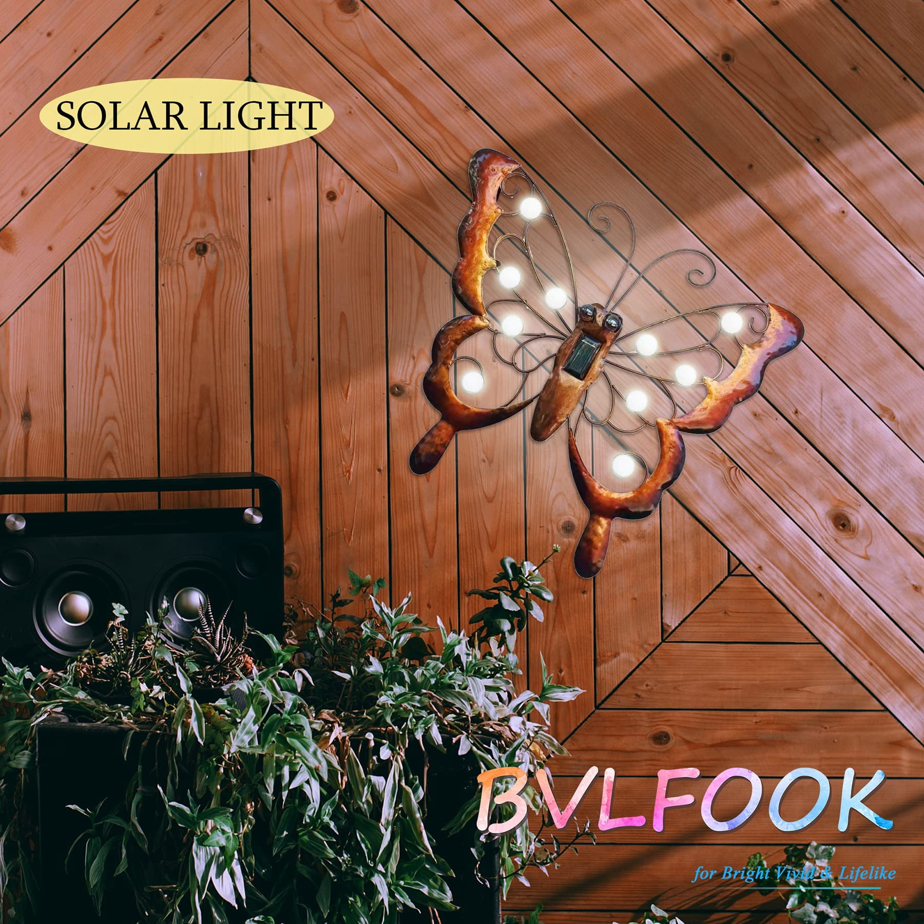 BVLFOOK Metal Butterfly Solar Lighted Wall Art Décor, Outdoor Butterfly Garden Décor, Butterfly Yard Art Butterfly Sculpture Lamp for Fence Patio C5