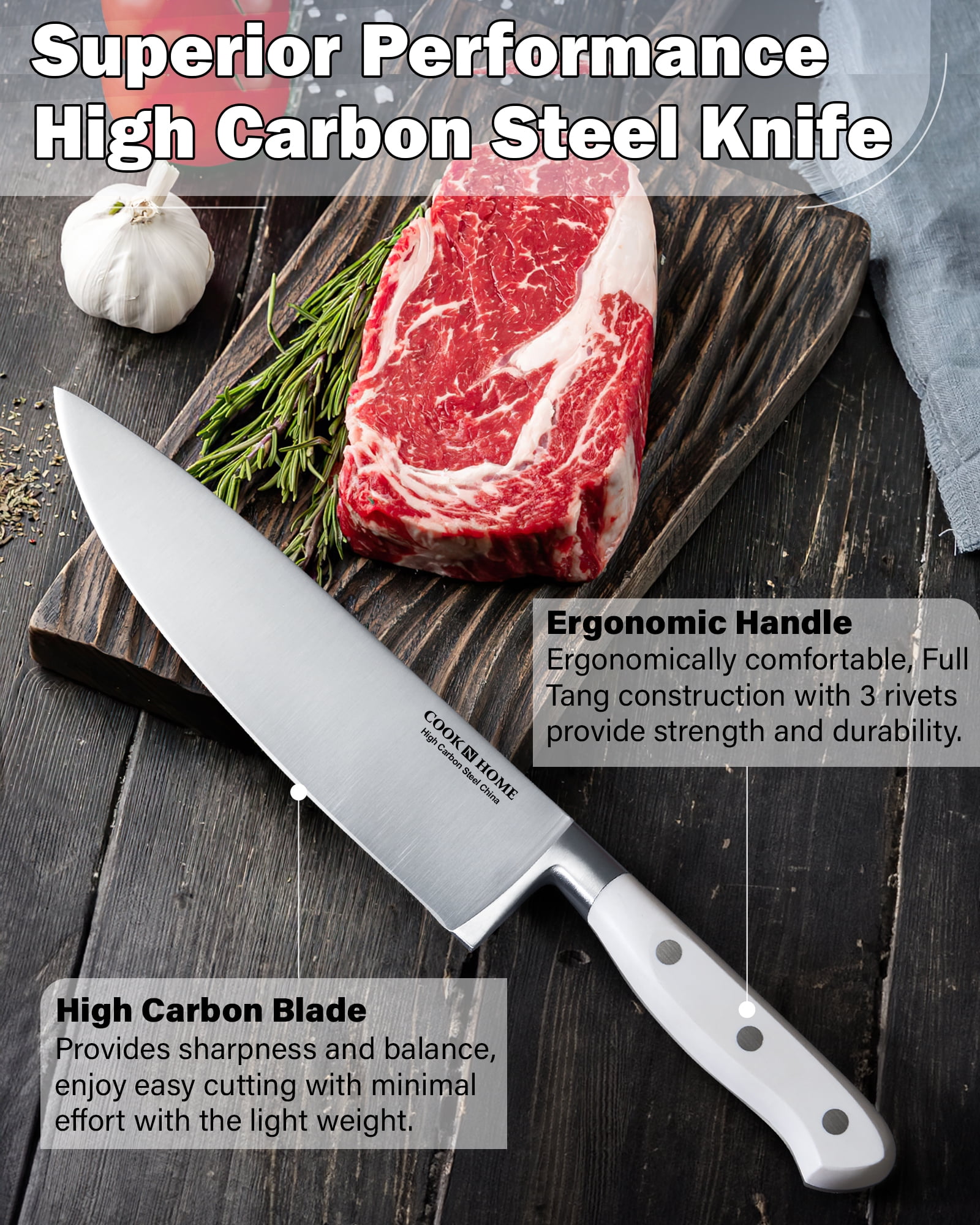 Cook N Home Kitchen Chefs Knife Set with Bamboo Storage Block 15-Piece, High Carbon Stainless Steel Blade, Ergonomic Handle,White