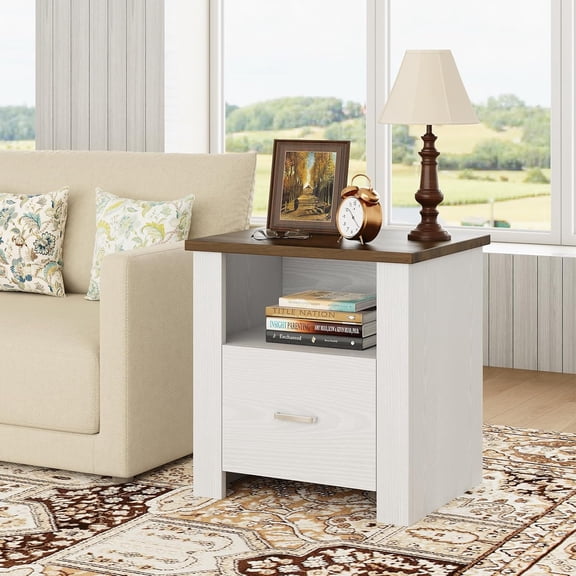 Catrimown 24 Inch White Nightstand with Storage Drawer, Wide Bedside End Table for Bedroom