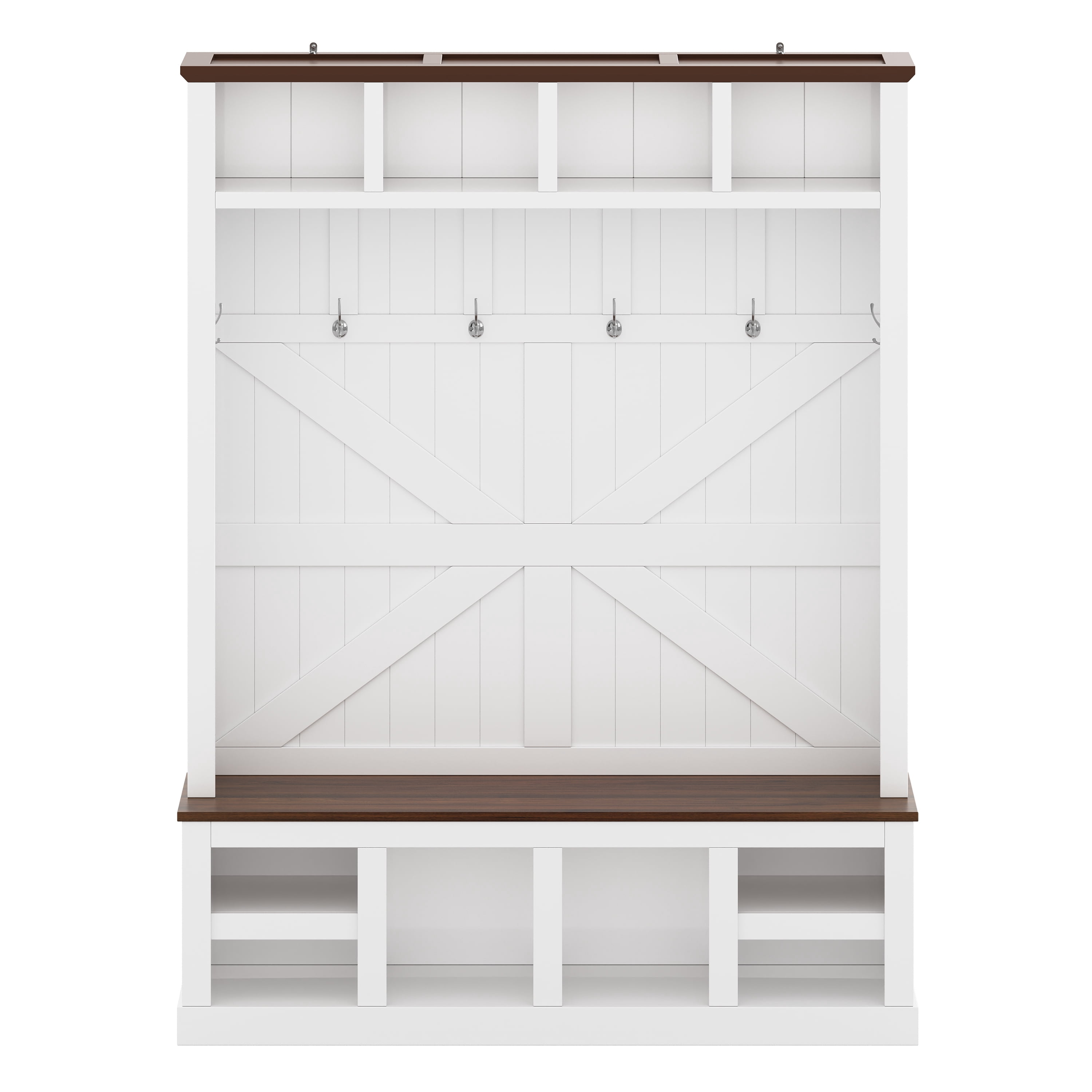 Aukfa 59" W Farmhouse Hall Tree, Large Entryway Storage Unit with Bench, 5 Hooks and Shoe Storage, White