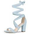 thumbnail image 1 of BLISSFUL STEP Women's Solid Color Lace up Mid Block Heels Sandals, 1 of 6
