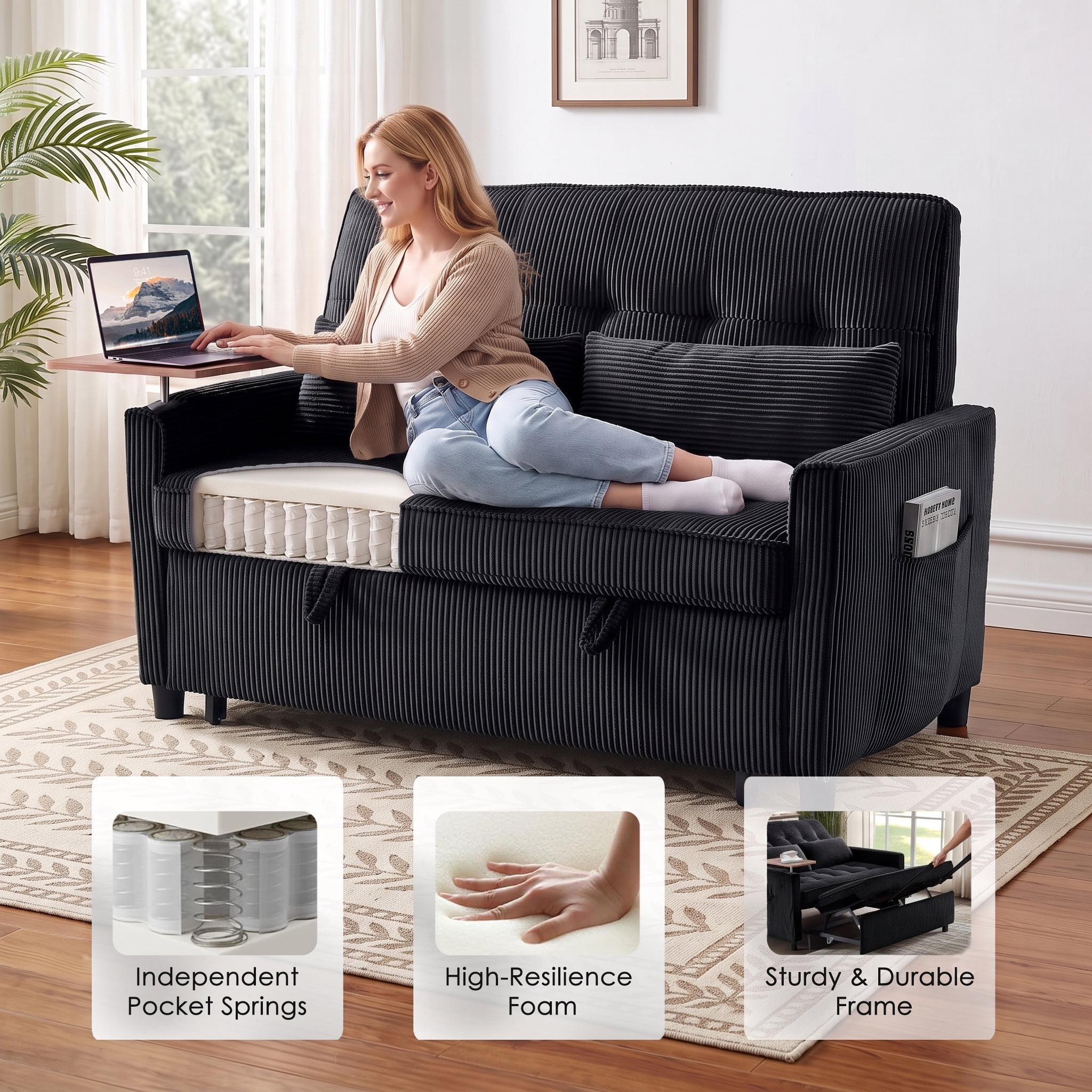 avobird 54'' 3 in 1 Pull Out Sofa Bed, Convertible Couch with Adjustable Backrest/Side Pockets/USB Charging Ports, Sleeper Sofa with small table for Living Room, Black