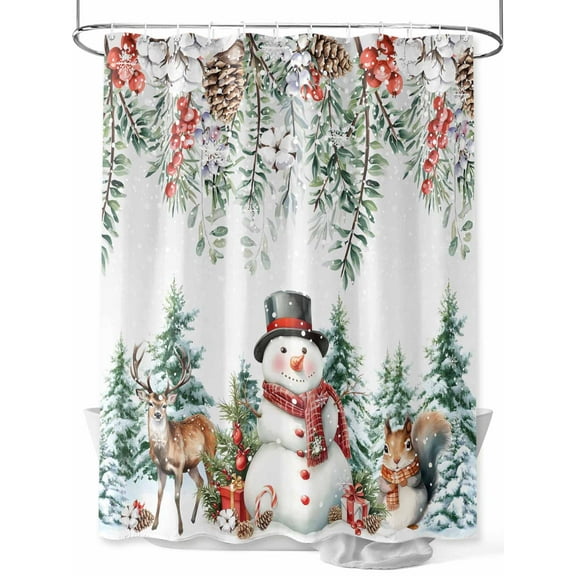 Snowman Christmas Shower Curtain Set, Waterproof Shower Curtains for Bathroom, Weeping Xmas Tree Pine Cones Elk Washable Fabric Cloth Bath Curtain for Bathtub Decoration with Hooks 54x78 Inches
