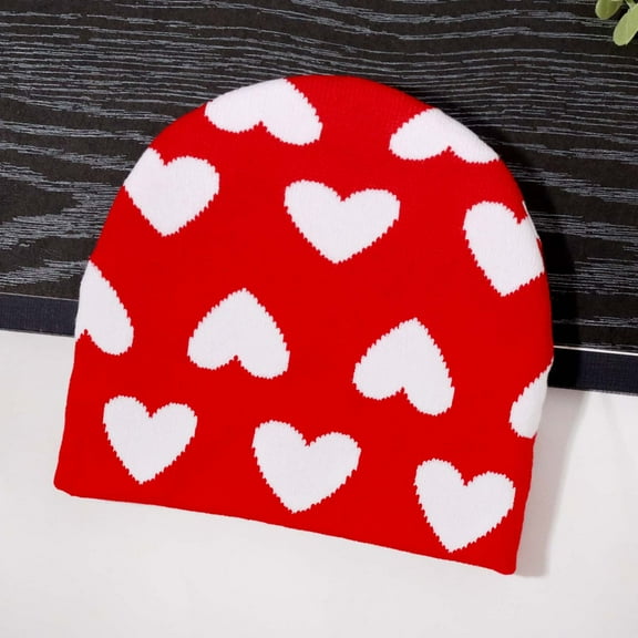 SYMOID Womens Red Knit Beanie - Warm 100% Polyester Winter Hat with Heart Pattern, One Size Fits Most for Daily Use,Size Free Size