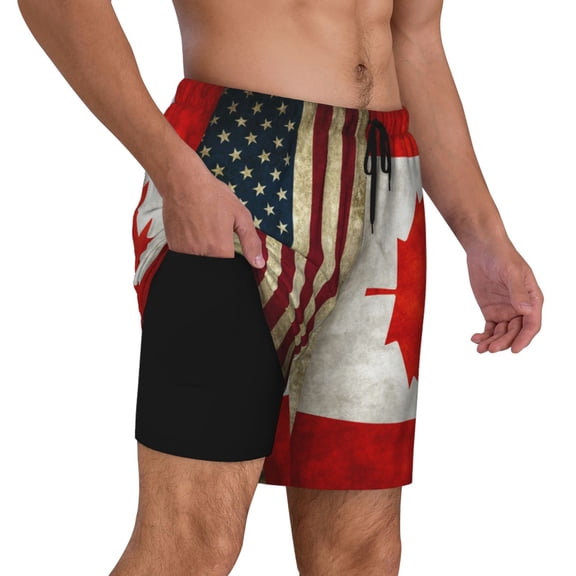 Mens America Canada Flag Swimming Trunks with Compression Liner Beach Quick Dry Swim Shorts