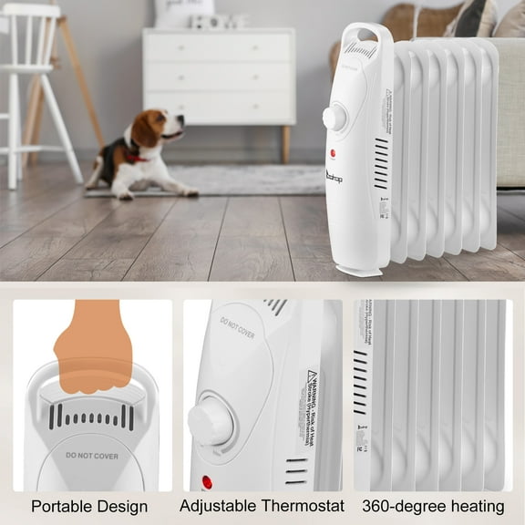 Oil Filled Radiator Heater, 600W Portable Electric Space Heater with Adjustable Thermostat, Overheat and Tip-Over Protection, for Indoor Bedroom Office Home, White