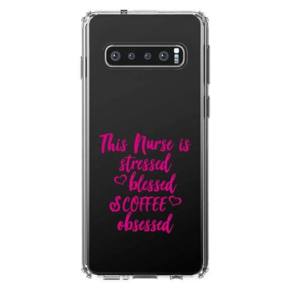 DistinctInk Clear Shockproof Hybrid Case for Samsung Galaxy S10  PLUS (6.4" Screen) - TPU Bumper Acrylic Back Tempered Glass Screen Protector - Nurse Is Stressed Blessed & Coffee Obsessed - Pink