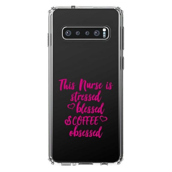 DistinctInk Clear Shockproof Hybrid Case for Samsung Galaxy S10+ PLUS (6.4" Screen) - TPU Bumper Acrylic Back Tempered Glass Screen Protector - Nurse Is Stressed Blessed & Coffee Obsessed - Pink