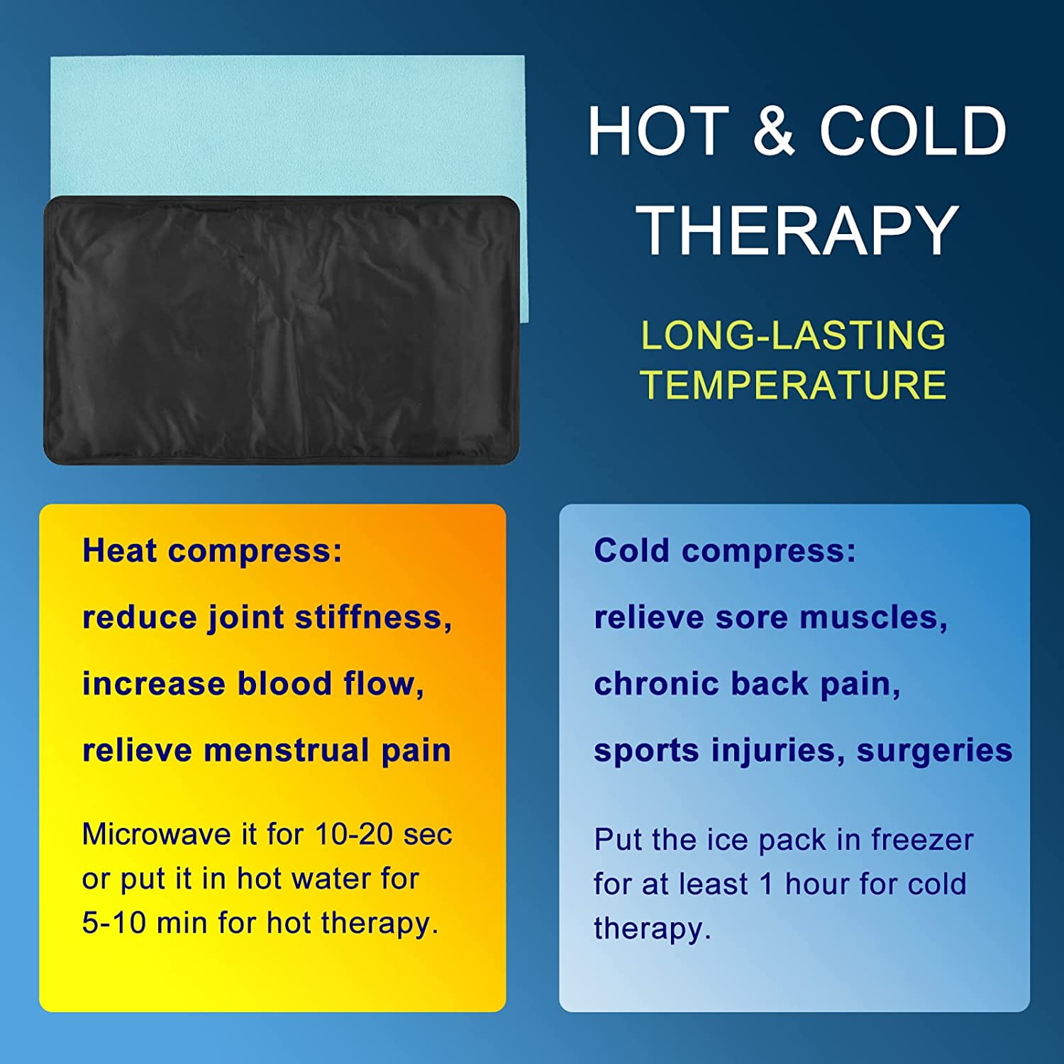 Ktinnead 12"x 21" Extra Large Gel Ice  Hot Pack with Soft Fabric Cover Ice Packs for Injuries Reusable Back Pain Relief/Physical Therapy Cold Compress Flexible Cooling Pad for Knee, Hip, Sciatica