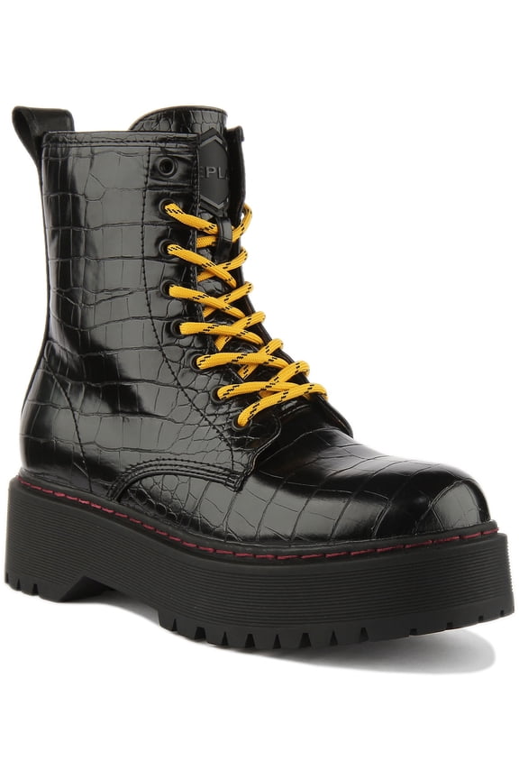 Replay Amity Women's Lace Up Croc Print Leather Platform Boots In Black Size 6