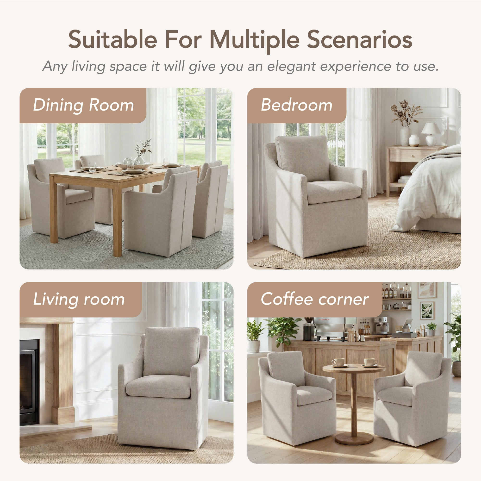 Spruce & Spring Modern Upholstered Dining Chair with Hidden Casters, for Kitchen & Dining Room, No Assembly, Single, Khaki Fabric