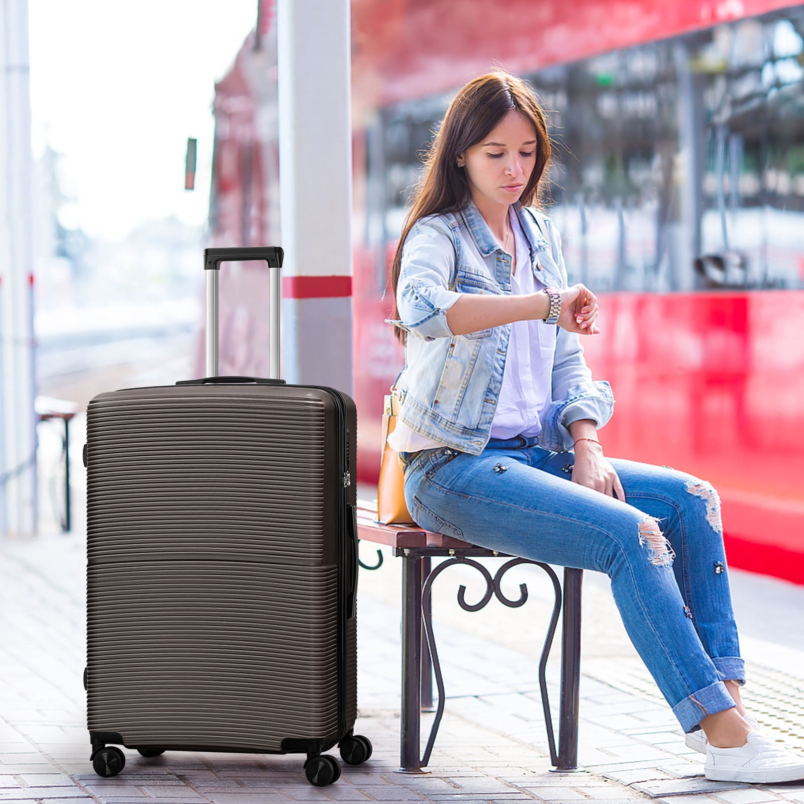 Hikolayae Hardside Spinner Luggage Sets in Coffee Brown, 3 Piece, TSA Lock