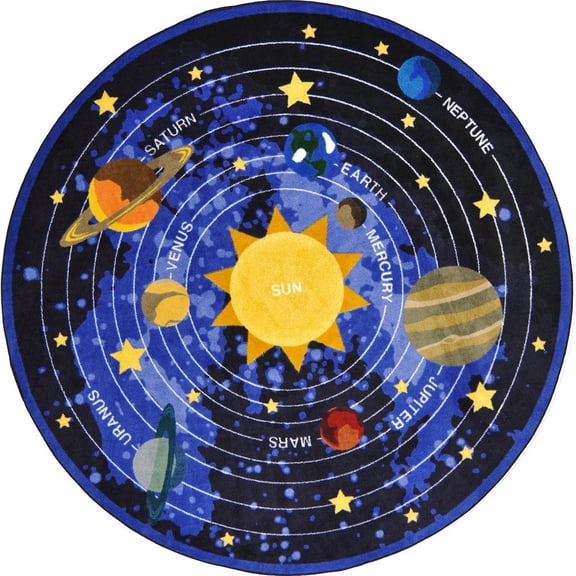 Joy Carpets Kid Essentials Cosmic Wonders 5'4" Round Area Rug in Color Black