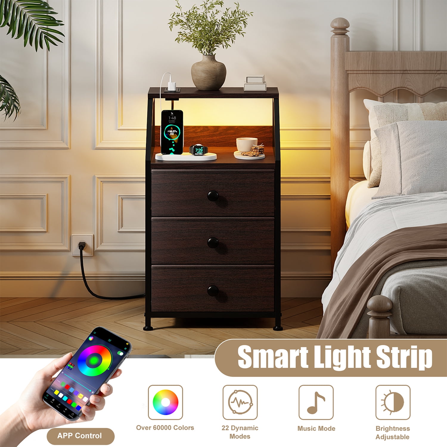 GUNAITO Led Nightstand Set of 2 with Charging Station Side Table with 3 Drawers End Table with Open Shelf Bedside Table with USB Ports and Outlets Nightstand for Bedroom,Brown