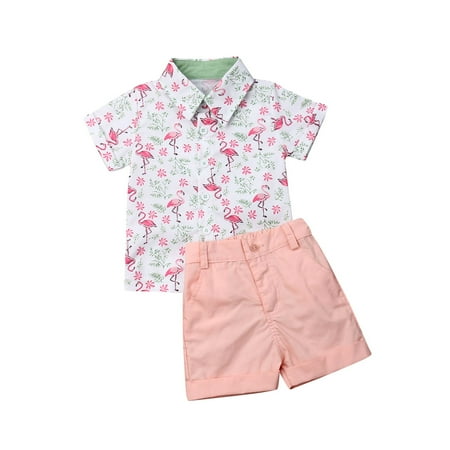 

Suanret Toddler Baby Boys Summer Clothes Set Short Sleeve Lapel Animal Print Shirt+Solid Color Shorts Kids 2Pcs Casual Outfits Pink 2-3 Years