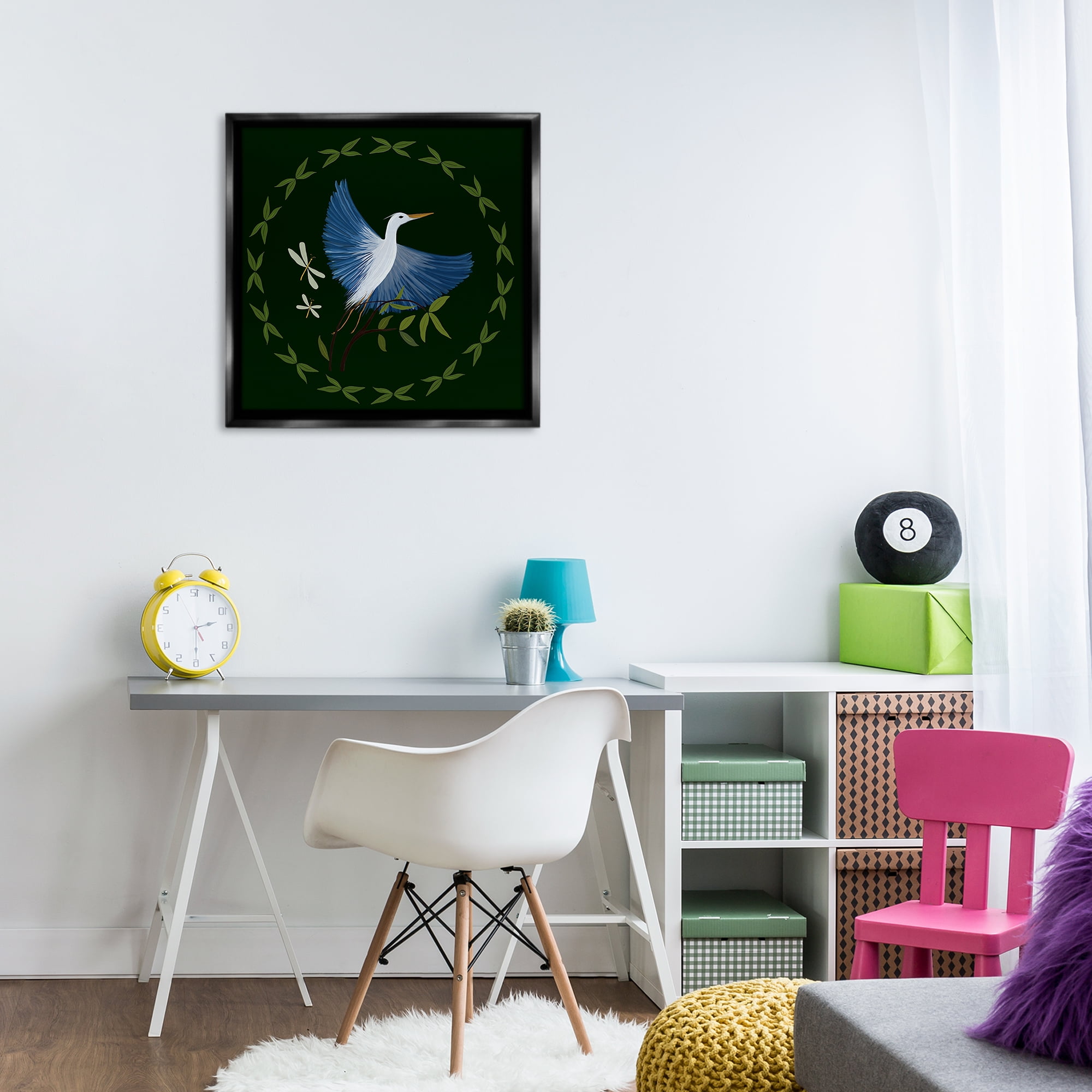 Stupell Industries Heron & Dragonflies Wreath Animals Painting Black Floater Framed Canvas Art Print Wall Art, 25 x 25