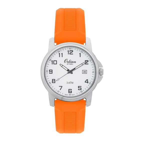 Orlean Mens Easy to Read Watch with Date - 316L Stainless Steel Case, Washable Waterproof Silicone Watch Band - 38mm Analog Men's Wrist Watches - White Dial, Big Numbers - Silver / Orange Band