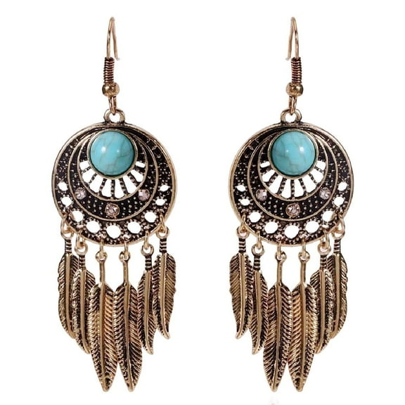 LongcreekX Feather Earrings for Women, Boho Turquoise Feather Tassel Earrings, Crescent Moon Dangle Earrings Hypoallergenic, Leaf Bohemian Drop Earrings