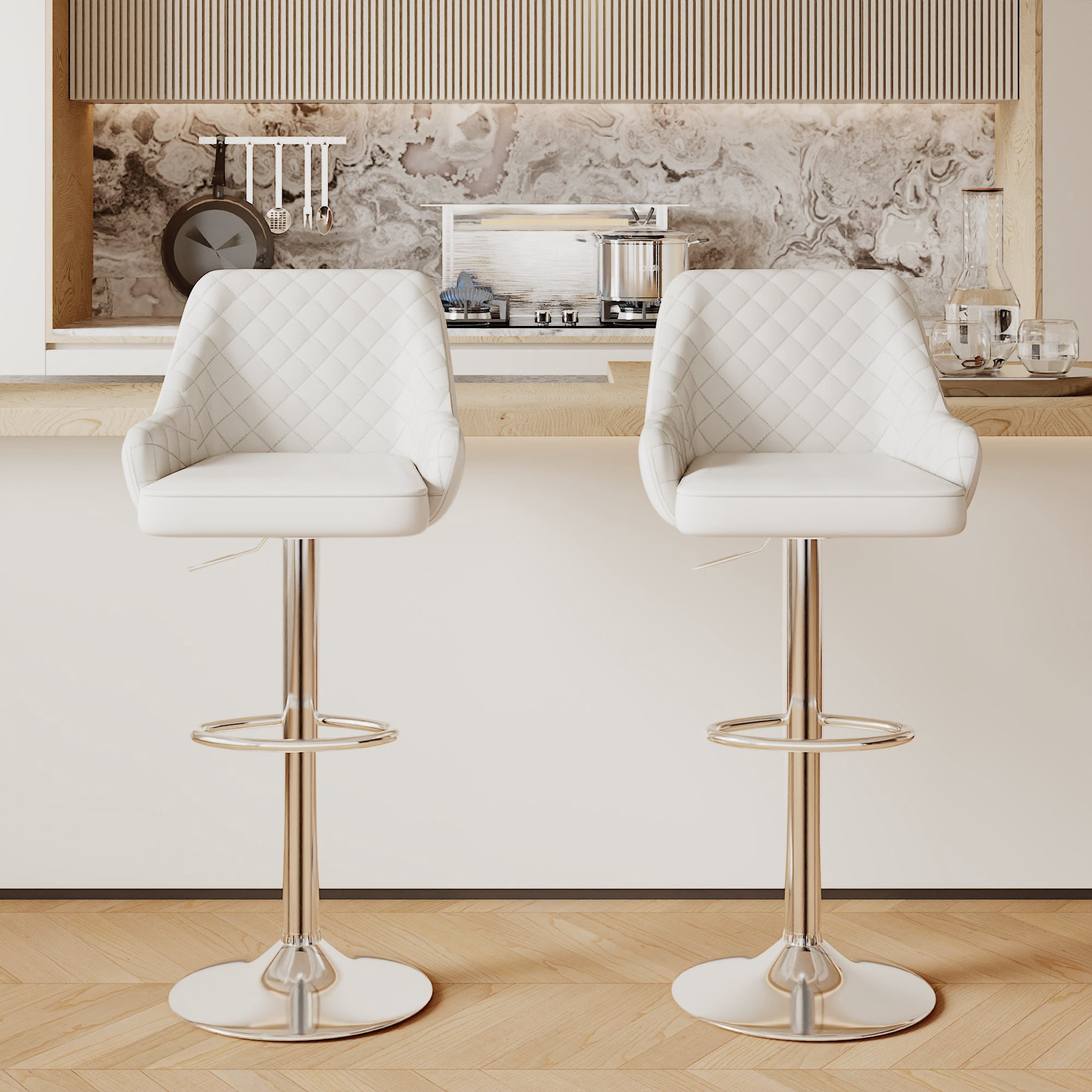 VECELO Set of 4 Bar Stools Adjustable Counter Height Swivel Barstools with Back and Armrest, White