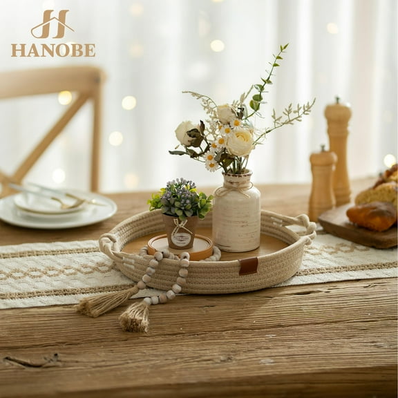 Hanobe Decorative Coffee Table Basket Tray: Round Boho Tray Decor with Removable Wooden Plate  And  Handles for  Ottoman Table Topper