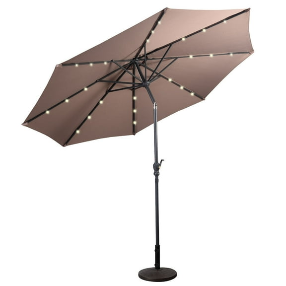 DOPIUY 10FT Patio Umbrella with Lights Outdoor Solar Powered Sunbrella with Tilt Crank Umbrella for Garden Poolside Backyard Beach