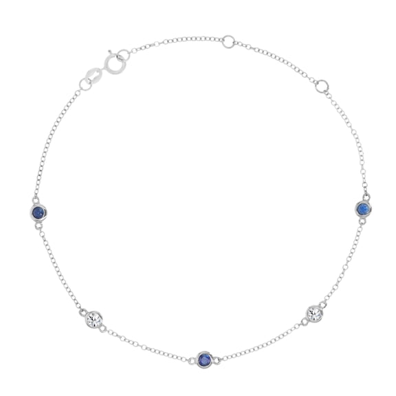 Decadence 14K White Gold Bezel Rnd Blue & White Sapphire 7.25" 2"ext  Chained Bracelet