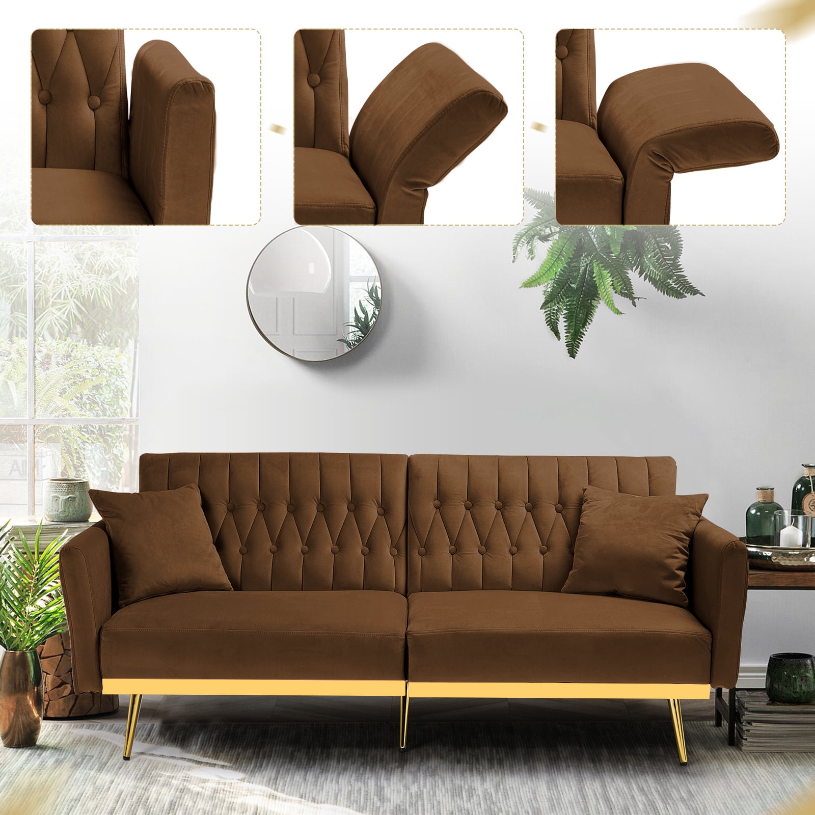 ACMEASE 70” Velvet Futon Sofa Bed with Adjustable Armrests and 2 Pillows, Convertible Futon Couch, Brown