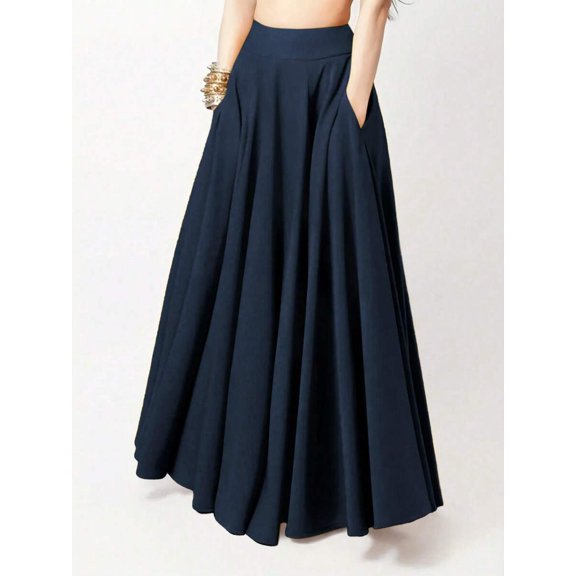 Womens Navy Blue Flowing Maxi Skirt A-Line Casual Solid Color