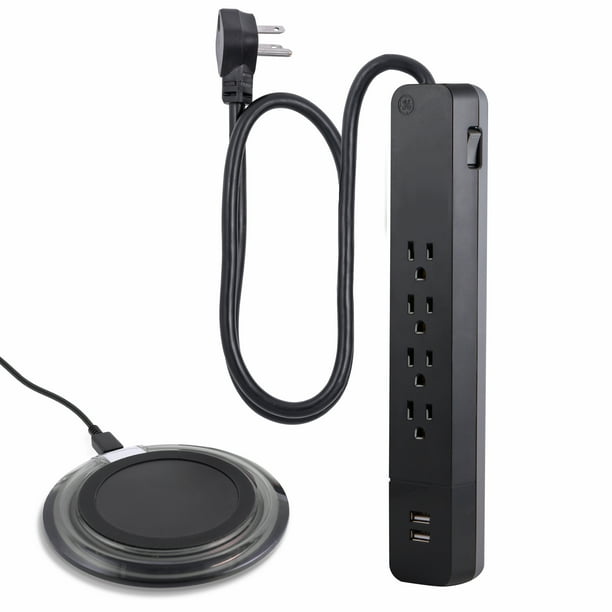 GE UltraPro 4 Outlet 2 USB Surge Protector, 3 ft, Qi Charger, Black