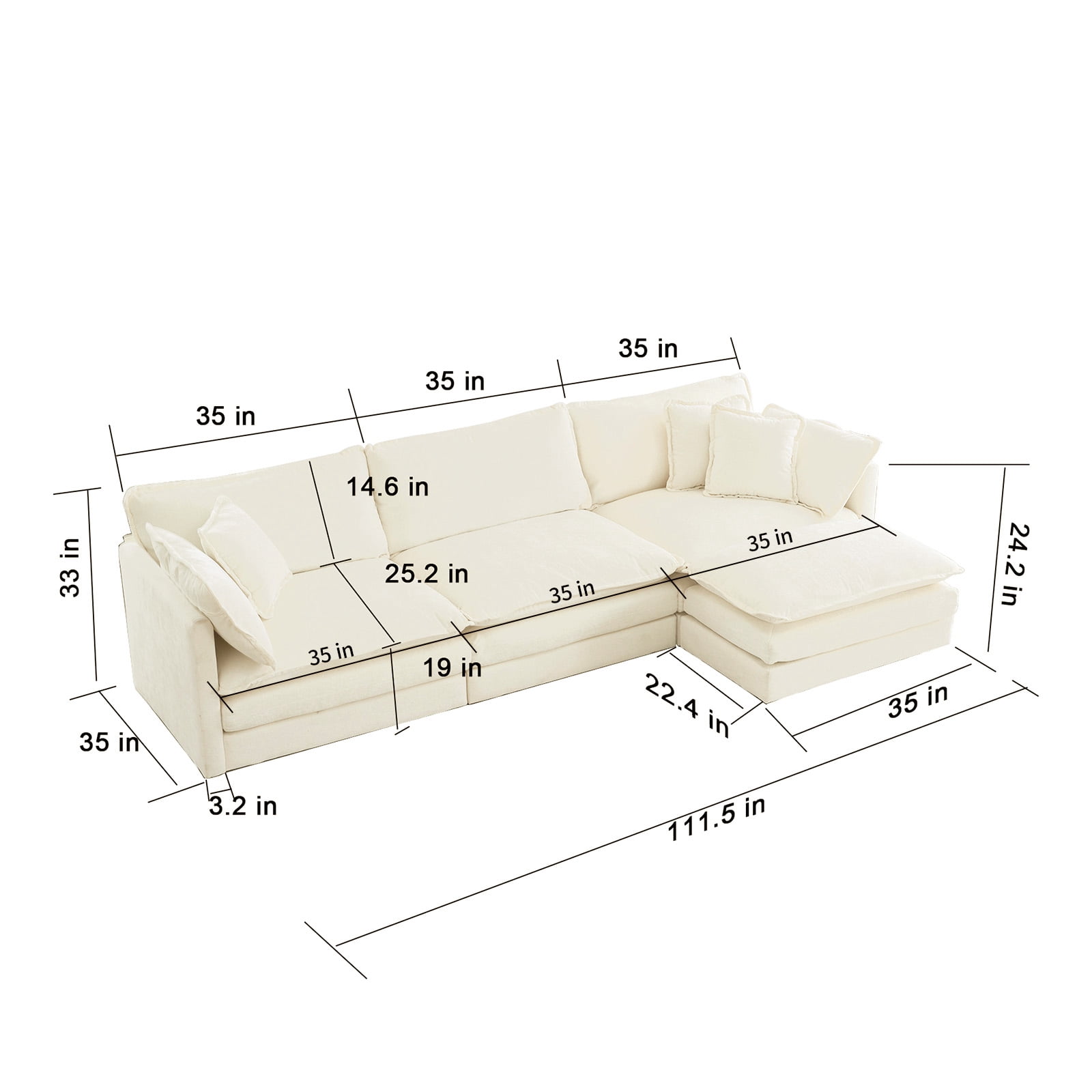 111.5” Beige White Modular Sofa, 3 Seater L Shaped Chenille Sectional for Living Room, Cloud Sectional Couch with Ottoman, Sofá moderno
