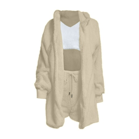 

BRKEWI Women s Winter Solid Color Plush Homewear Casual 3 Piece Pajamas Long Sleeve Hooded Crop Vest Shorts Set