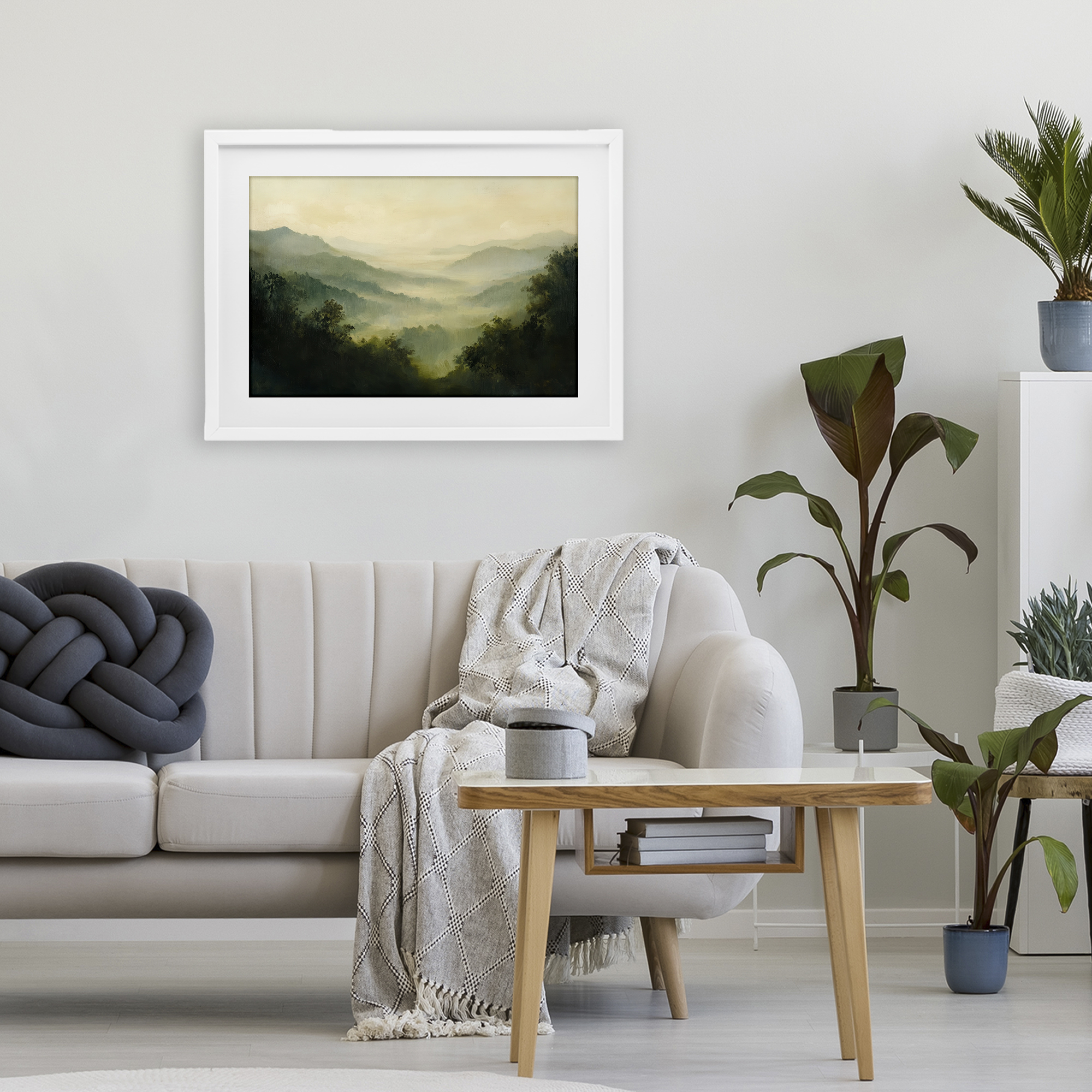 Through The Haze Landscape White Framed Print Under Glass, design by Petal Prints Design