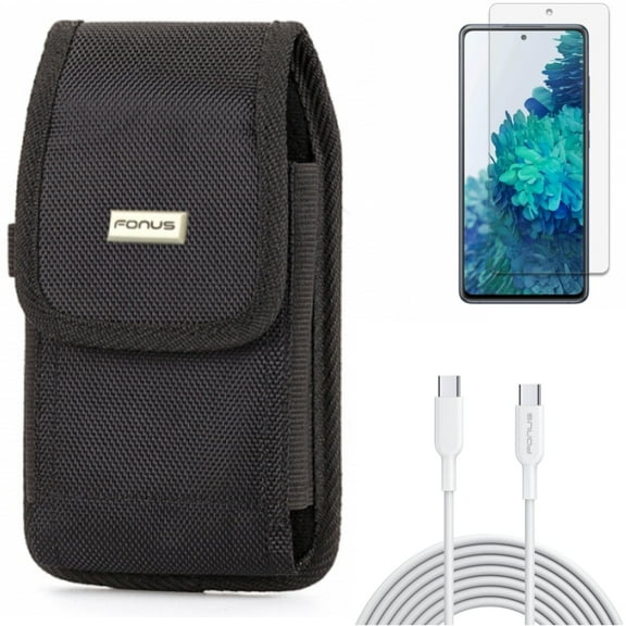 6ft Long Type-C Cable & Screen Protector & Case Belt Clip for Samsung Galaxy S20 Fan Edition - PD Fast Charger Cord Power   Anti-Glare Tempered Glass   Swivel Holster Combo