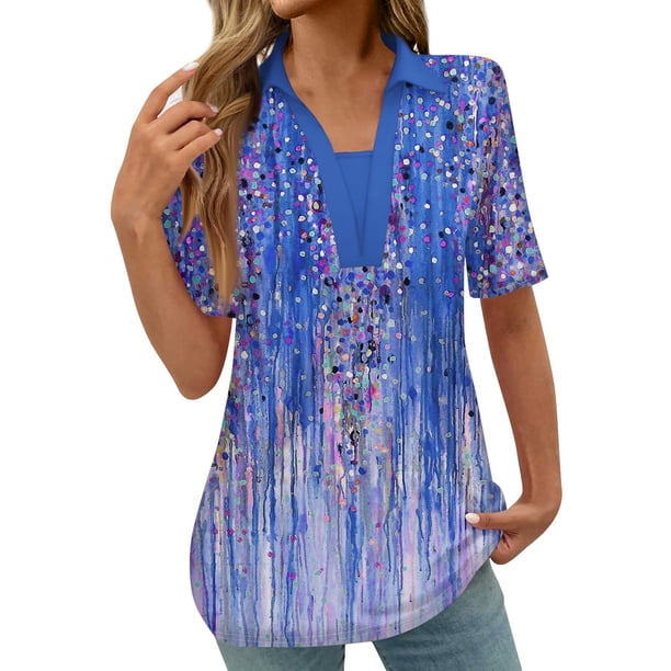 Tops Cortos para las Mujeres Blusas Impresas Manga Corta Turndown Collar Camiseta, Tops de Blusa para las Mujeres Casual