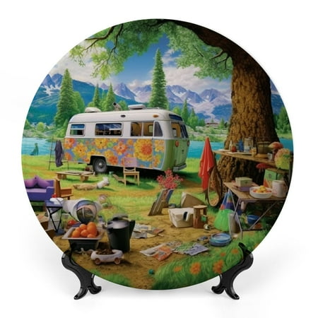 

RUIYC Bone China Decorative Plate Camper and Picnic Table in Field Theme Home Office Wall Decor Room Decoration 10x10inch