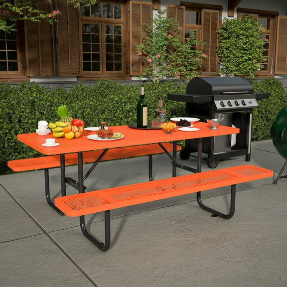 Metal Picnic Furniture for Outdoors with Umbrella Hole, Picnic Table Steel Heavy Duty Commercial Grade Table with Adjustable Seats, Patio Set (Orange, 6' Rectangular)