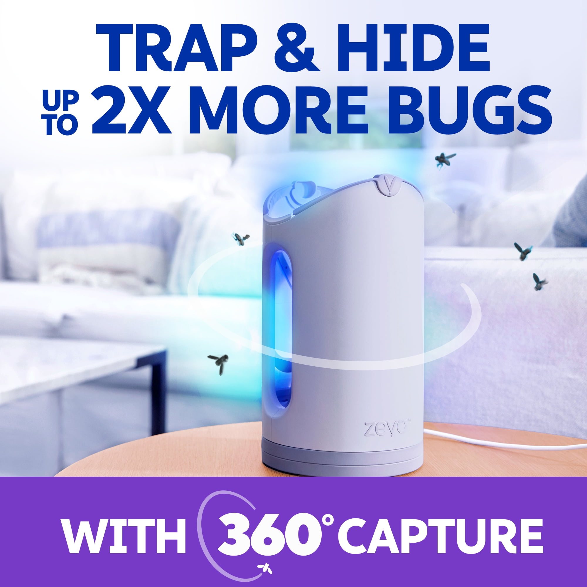 (4 pack) Zevo Max Flying Insect Indoor Fly Trap: Easy, Mess-Free Solution - Light Trap Catches & Kills House Flies, Fruit Flies, Gnats, & More (1 Plug in Device & 2 Cartridges)