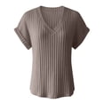 thumbnail image 4 of Women's V Neck Ribbed Knit Top Short Sleeve Soft Loose Fit Basic Casual Spring Summer Daily Tops By Yigetop Khaki XL, 4 of 4