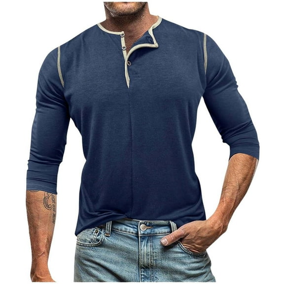 AKOEE Men's Long Sleeve T-Shirts Slim Fit Tops Casual Base Henley Tees with Buttons Poly-Cotton Spring Fall Tshirts (2XL, Blue)