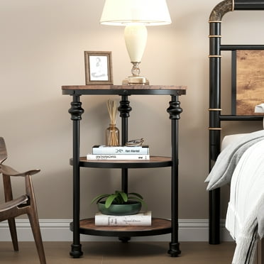 Round Side Table, 3-Tier End Table Living Room Accent Table with Storage Shelf and Metal Industrial Wood Bed Side Table/Night Stand for Bedroom, Small Spaces