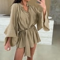 thumbnail image 2 of Bovxnpu Long Sleeve Dress for Women, Women Long Sleeve Dress Plus Size Dress with Straps Sleeves Irregular Drawstring V Neck Casual Dress Spring Fall Outfits, 2 of 7