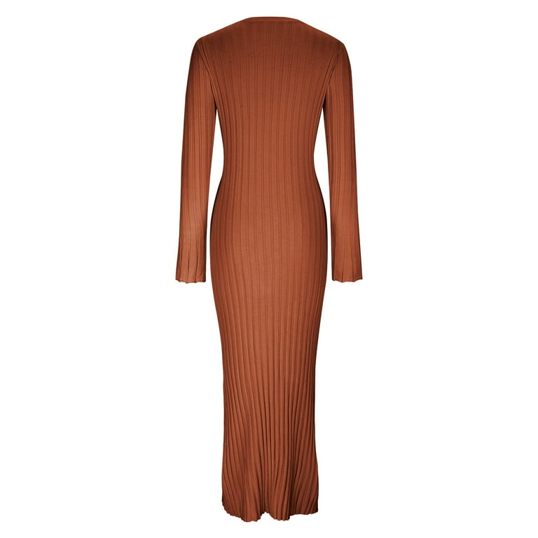 TrendVibe365 Long Sweater Dresses for Women Crew Neck Maxi Dress Long  Sleeve Dress Solid Top Loose Ribbed Knit Outfits Casual Cozy Sexy Winter Clothes  Brown S - Walmart.com