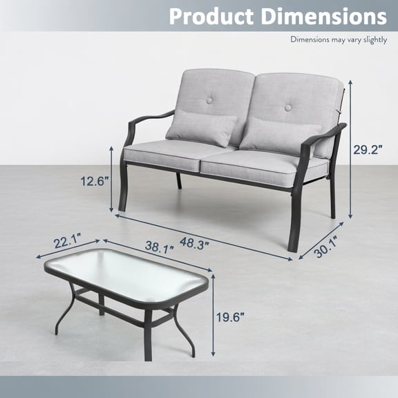 Resenkos Outdoor Loveseat Chair Set, Small Patio Conversation Furniture Set with Tempered Glass Coffee Table