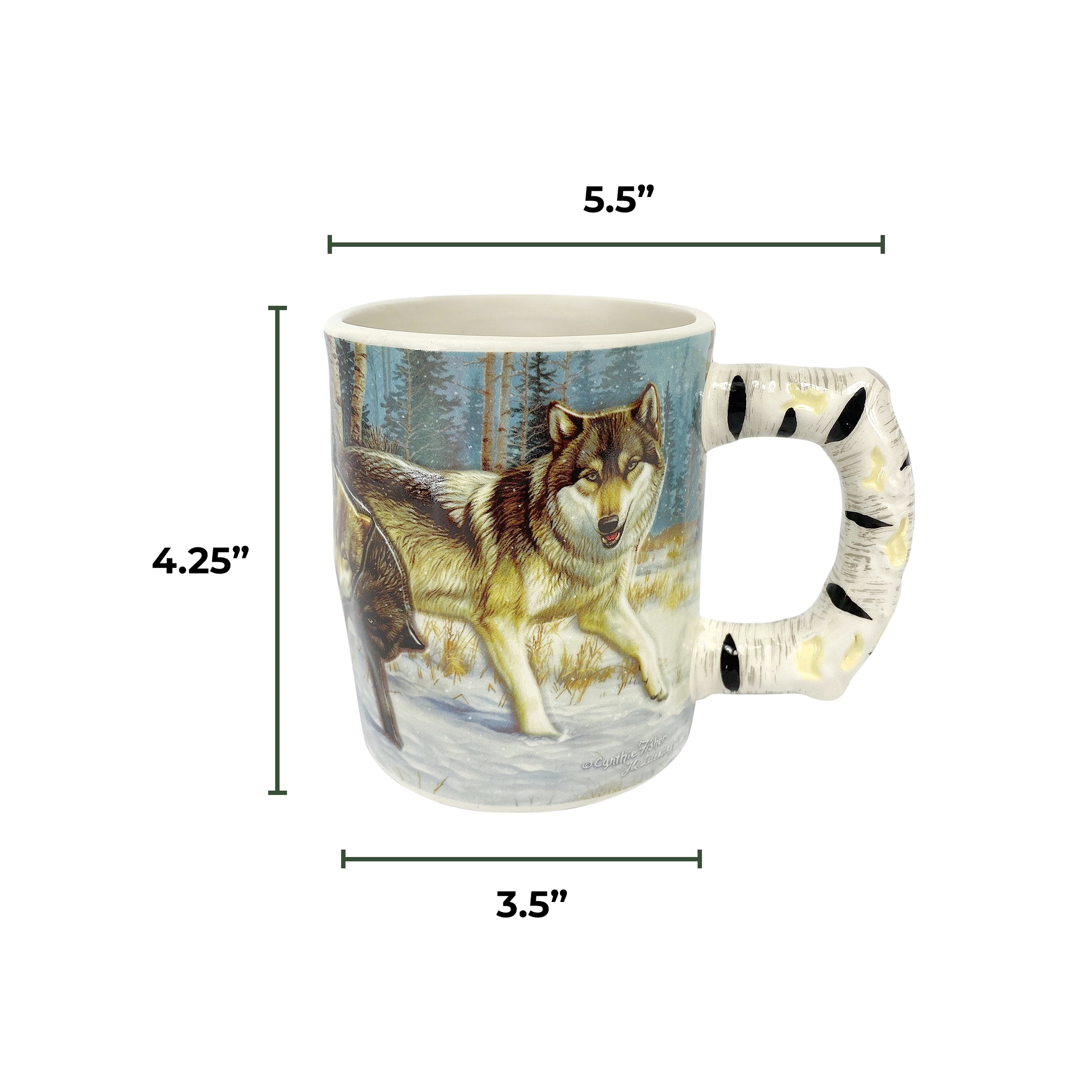 Rivers Edge Products Wolf 3D Ceramic Coffee Mug with Handle, 15 Ounces, Espresso Cups and Coffee Cups Ceramic, Perfect for Coffee, Expresso, Latte, or Tea, Wolf Scene