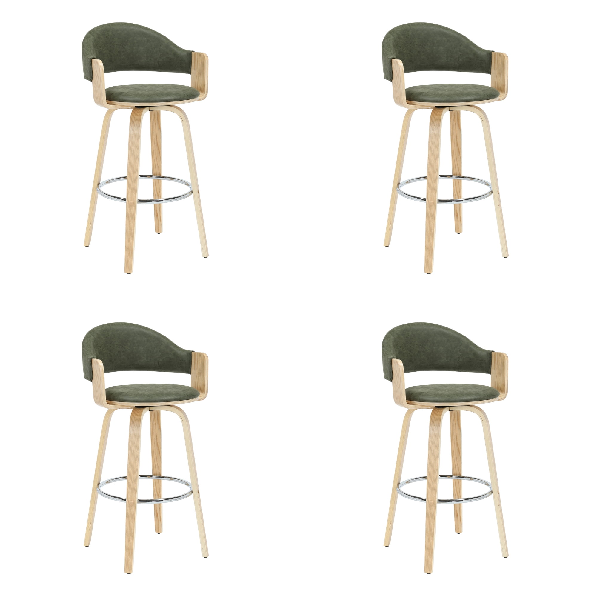 Daxton 40 in. H Swivel Bar Height Vintage Green Round Back Wood Bar Stool with Faux Leather Seat Set of 4
