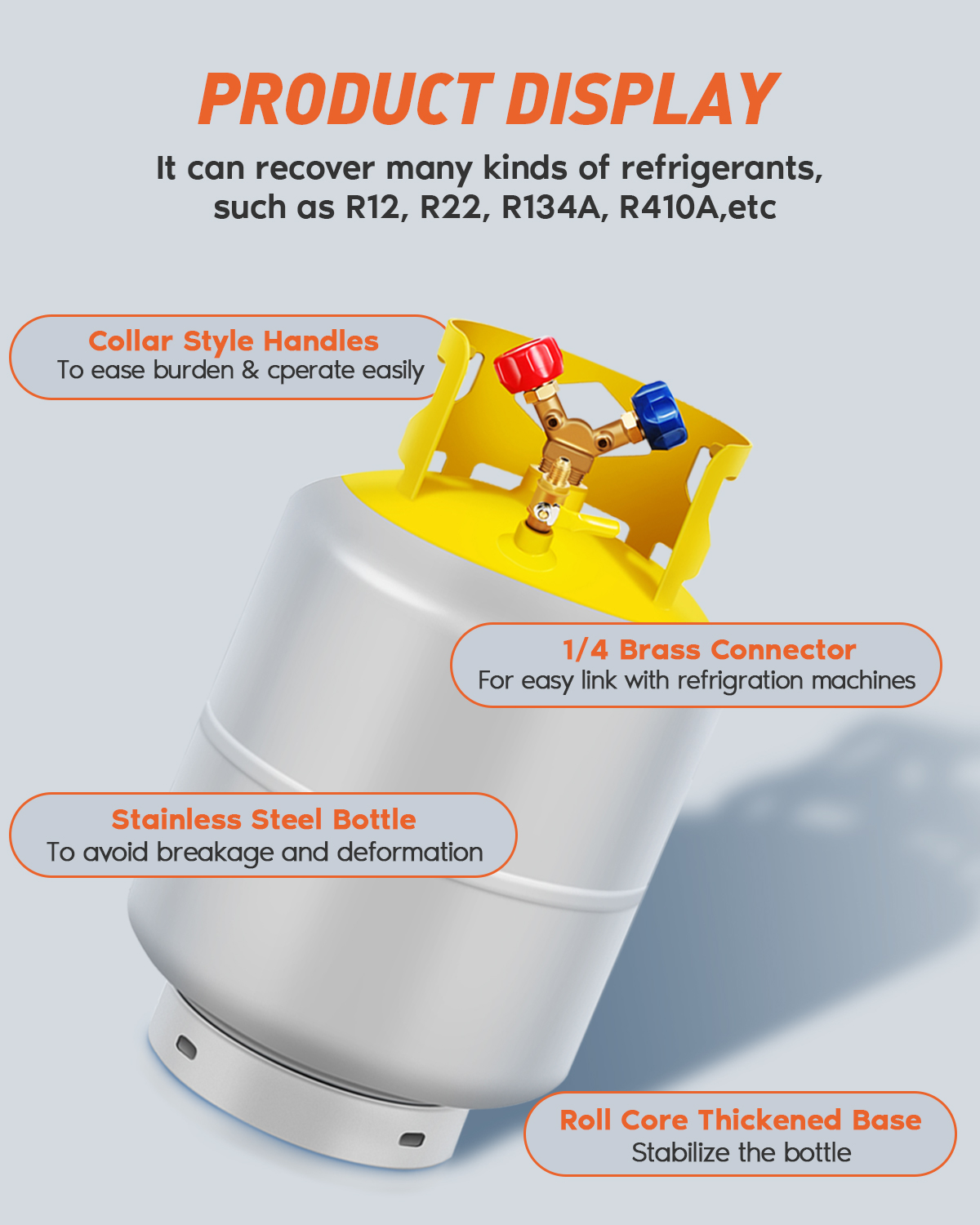 50 LB Capacity Refrigerant Tank With Double Valve Collar Design Reusable Save Valve And Collar Design Reusable 14 Inch SAE Y Valve Gray Yellow