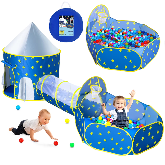 SweHouse 3pc Spaceship Kids Play Tent for 3-6 Years Toddlers Toys with Baby Ball Pit & Tunnel Indoor Outdoor