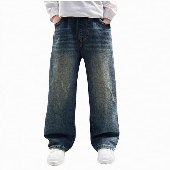 NIEWTR Boys Teenagers Baggy Jeans Straight Wide Leg Cargo Jeans Vintage Elastic Waist Denim Pants Y2K Streetwear with Pockets Fall Winter(A-Blue,7-9 Years)