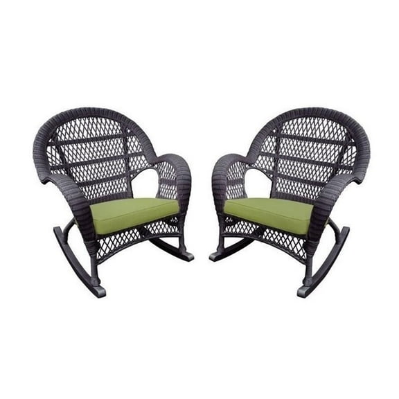 Afuera Living Wicker Rocker Chair in Espresso with Green Cushion (Set of 2)