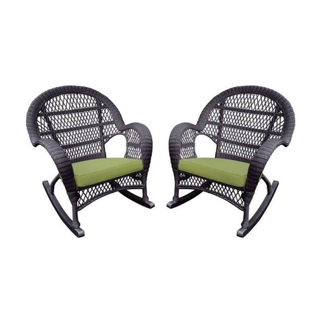 Jeco Wicker Rocker Chair in Espresso with Green Cushion (Set of 2)